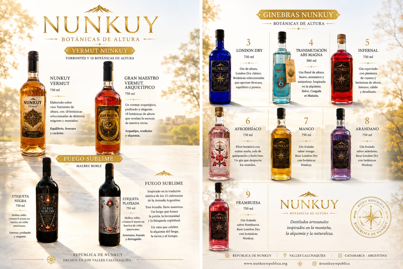 Lámina de la colección completa Nunkuy: vermuts, Fuego Sublime Malbec y los GIN de altura