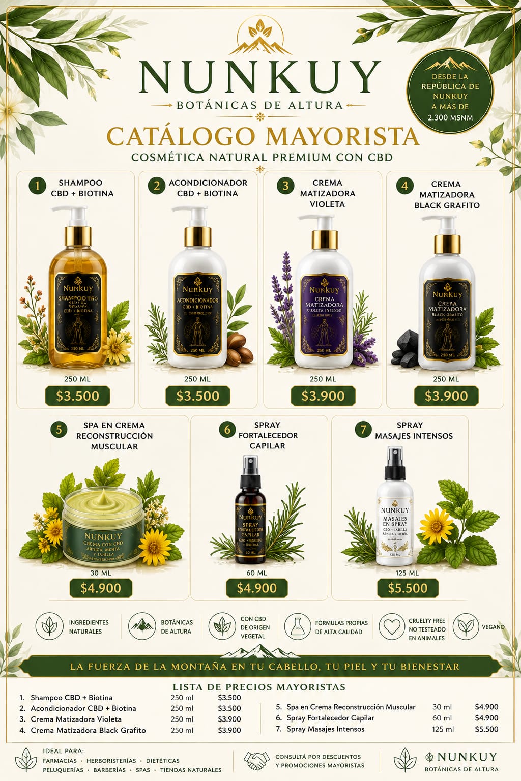 Catálogo mayorista Nunkuy de cosmética natural premium con CBD: shampoo, acondicionador, cremas matizadoras, spa en crema y sprays